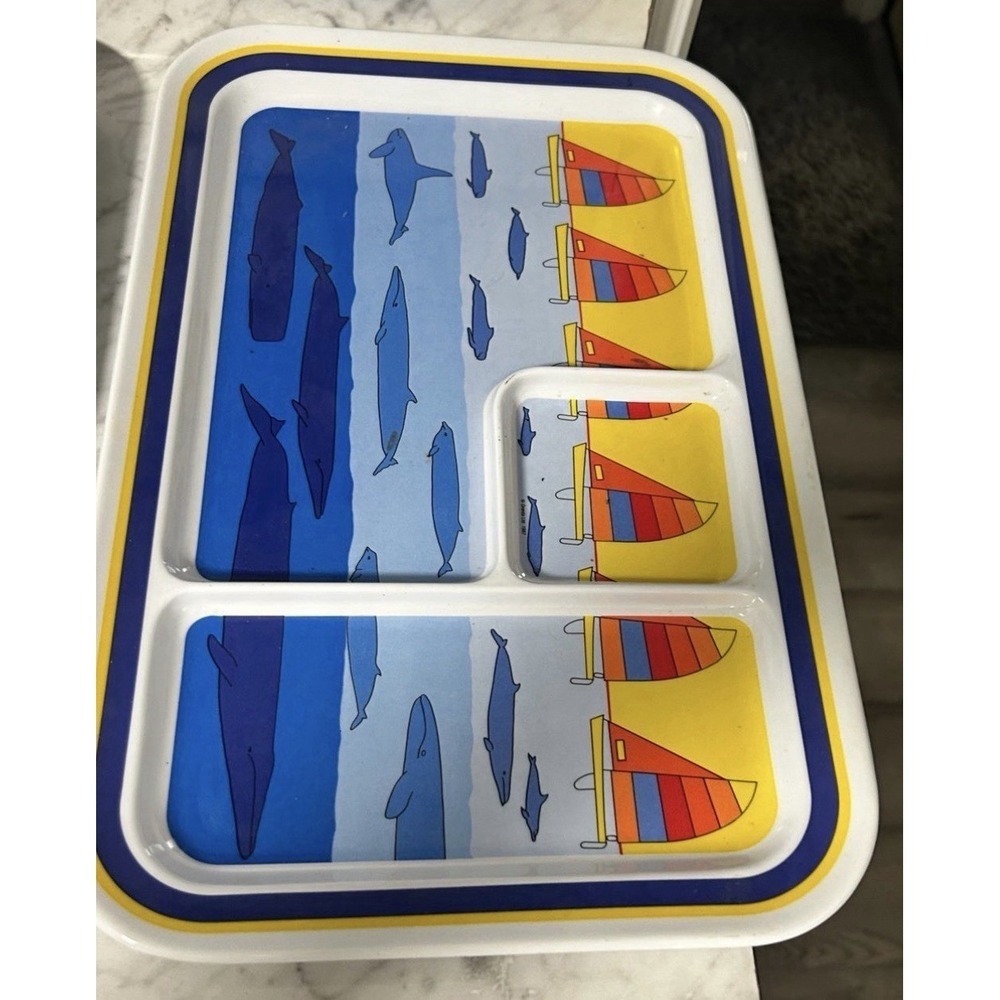 ONEIDA Melamine Divided Lunch Trays & Mugs Vintage 1987 Set of 8 Sailboat Whale - Picture 3 of 6